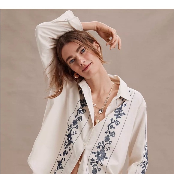 LOFT Tops - LOFT Cream Button-Down Shirt with Navy Embroidery